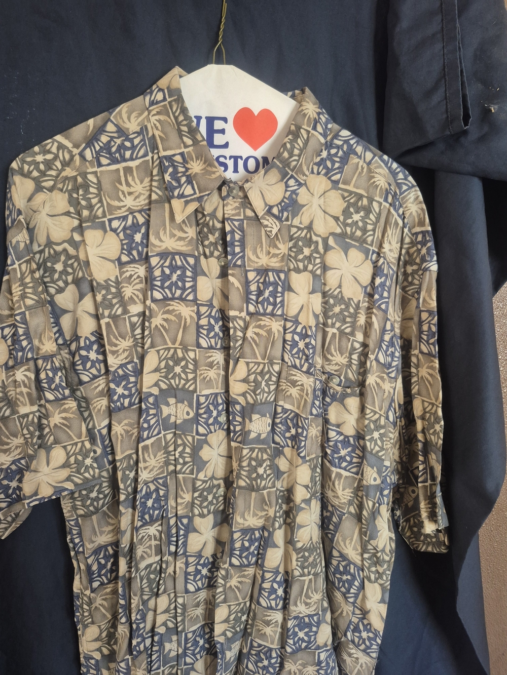 Vintage Pierre Cardin Beige & Navy Floral Tile Short-Sleeve Shirt